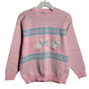 Vintage Kate Collins Goose Sweater Pink Embroidered Novelty Knit USA Cottagecore